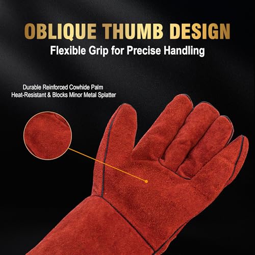 Long Welding Gloves 23.6 Inches 932℉,Heat/Fire Resistant Leather For Mig, Tig, Stick, Forge, BBQ, Grill, Fireplace - color: 14in Red