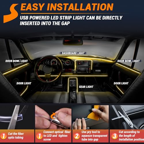 Interior Car LED Strip Lights 400 inches Fiber Optic tubing USB Powered RGB 8 in 1 Car Neon with Wireless APP and Remote Control, Ambient Lighting Kits 16 Million Colors,Sync to Music - size: 8 in 1