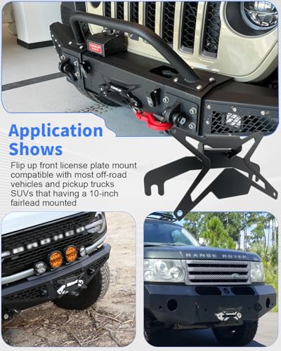 Universal Flip Up Front License Plate Holder, Quick-Flip Heavy Duty Steel License Plate Bracket for 10" Hawse Fairlead Compatible with Jeep Wrangler, Pickup Trucks, SUVs RVs & Off-Road Vehicles - size: License Plate Mount for 10" Hawse Fairlead