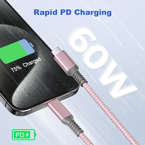 Basesailor USB C to USB C 60W Cable 6.6FT 2Pack Pink Braided Fast Charging - color: Pink, size: 6.6FT/2M