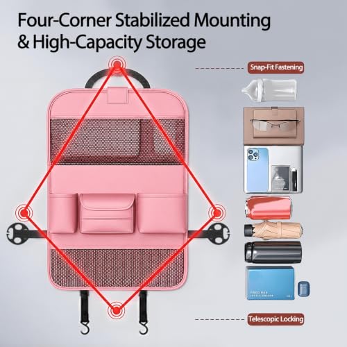 2 Pack Leather Car Backseat Organizer with Foldable Table Tray, Universal Car Seat Back Protector Kick Mat with Touchscreen Tablet Holder, Storage Pockets, Cup Holders & Tissue Holder, Pink - color: Pink