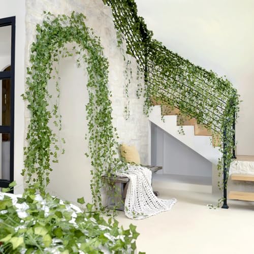 CQURE 120 Pack 840Ft Artificial Ivy Fake Vines,Ivy Garland Greenery Garland Fake Hanging Plants Vines Aesthetic Green Leaves for Bedroom Wedding Party Garden Wall Room Decor