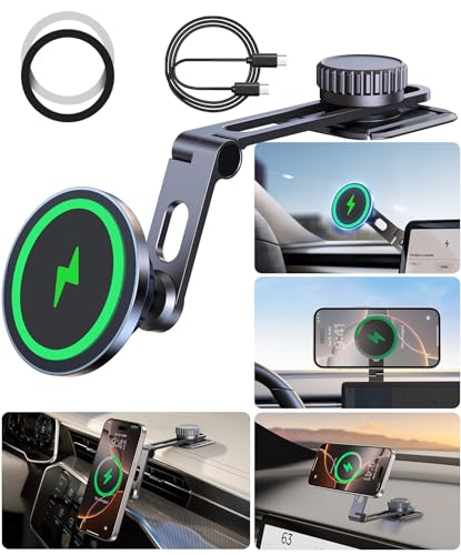 Tesla Phone Mount Qi2 Charger for iPhone MagSafe 【Hidden Foldable Design】 15W Wireless Charging, Universal Car Magnetic Dashboard Phone Holder, Tesla Model 3/Y/Cybertruck Accessories - size: Screen+Charger