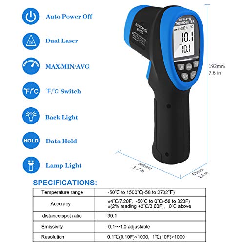 High Temp Infrared Thermometer -58℉~2732℉ Forge Thermometer 30:1 Digital IR Temperature Gauge,Non-Contact Pyrometer for Kiln,Forging,Engine,Industry and Home Repair. - color: AP-2732 Blue