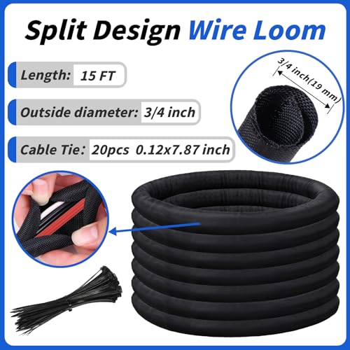 15ft - 3/4in Split Braided Sleeve Cable Management, Self-Wrapping - size: 3/4inx15ft