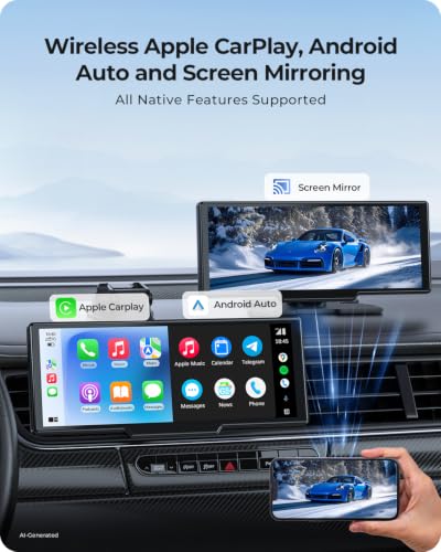 9.26" Wireless Carplay Screen for Car with 4K Dash Cam & HD Backup Camera