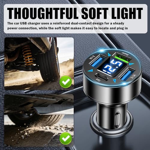 4 Ports Car Charger Adapter,12V/24V Car Cigarette Lighter USB Charger Including 3.1A/PD/Super Fast Charging Ports,Upgraded Cars Phone Chargers with LED Voltage Display & Soft Light