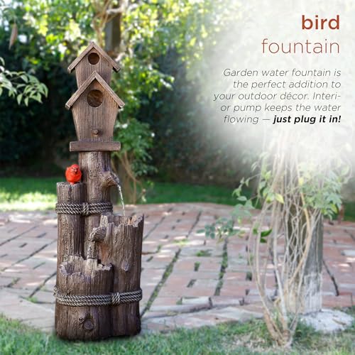Alpine Corporation 35" Tall Outdoor 3-Tier Birdhouse Water Fountain with Cardinal Accent, Rustic Floor Decor for Garden and Patio, Brown - style: 3- Tiered Log & Branch