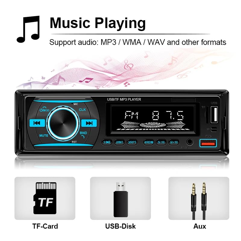 1 DIN Car Stereo Bluetooth Audio Receiver - FM Radio MP3 Player with Hands-Free Calling, Wireless Music Streaming, Fast Charging, USB/TF/AUX Port, 7-Color Backlight, Clock Display, Remote Control