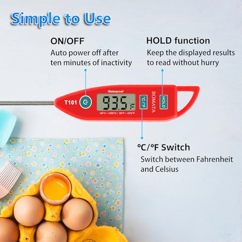 BOMATA 2 Pack Waterproof IPX7 Meat Thermometer Instant Read Food Thermometer with Long Probe for Water, Liquid, Kitchen Cooking, Grill,BBQ ! T101 X 2 Pcs (Black & Red)… - color: Black & Red