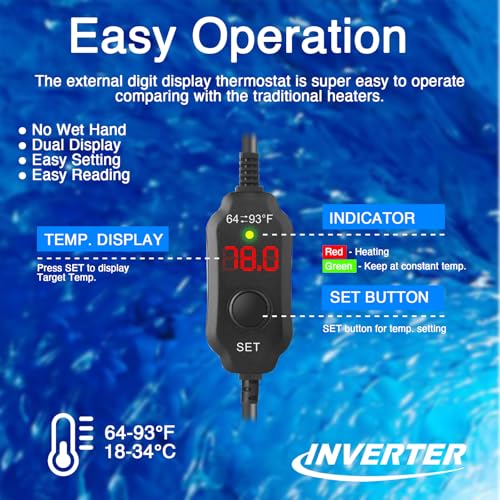 Aquarium Heater 200W, Submersible Fish Tank Heater with LED Digital Display, Auto Power-Off When Leaving Water & High Temp Protection, for Fresh and Salt Water Tanks 20-40 Gal - size: For Tanks 20-40 Gal