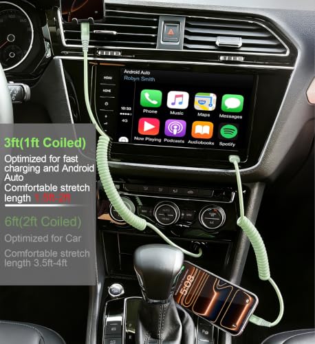 Coiled USB A to USB C Cable for CarPlay [3FT+6FT], USB to USB C Cable - color: Green, size: 3FT+6FT