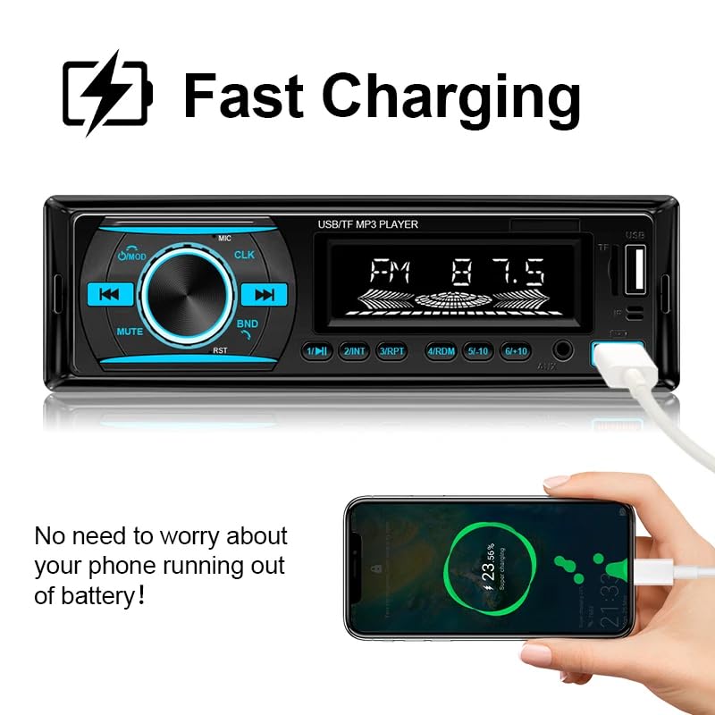 1 DIN Car Stereo Bluetooth Audio Receiver - FM Radio MP3 Player with Hands-Free Calling, Wireless Music Streaming, Fast Charging, USB/TF/AUX Port, 7-Color Backlight, Clock Display, Remote Control