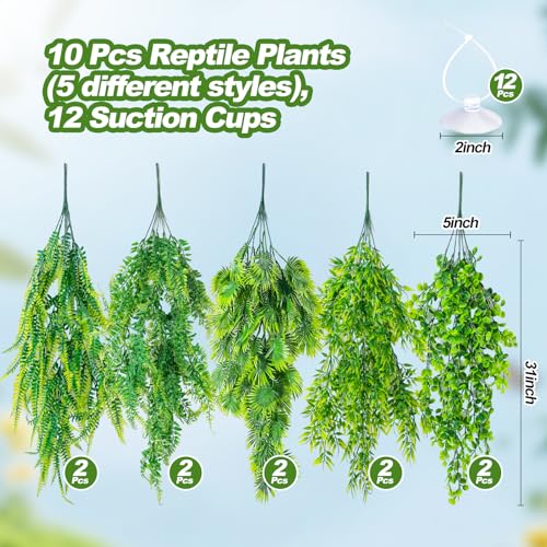 CousDUoBe 10 Pcs Reptile Plants Decorations,Terrarium Hanging Plants Vines Artificial Leaves Habitat Decorations with Suction Cup for Bearded Dragon Hermit Crab Lizard Snake Geckos Chameleon