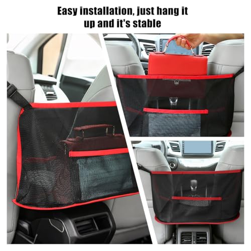 Car Net Pocket Handbag Holder, Vehicle Storage Organizer Between Front Seats for Phone Purse, Automotive Interior Driver Netting Pouch Accessories, Universal for SUV Truck RV (Red)