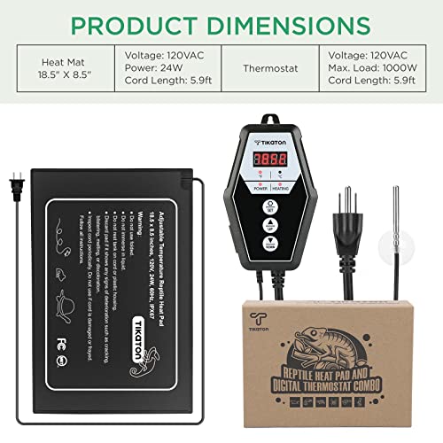 Tikaton Reptile Heating Pad and Digital Thermostat Combo Set, Under Tank Heater for 10-20gal/30-40gal Tank, Terrarium Heat Mat for Turtle/Snake/Lizard/Frog/Spider/Plant Box - size: 1 Pack-18.5" X 8.5"