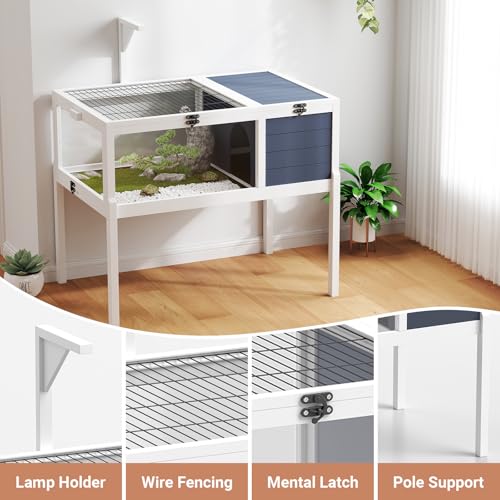 Yafylly Wooden Tortoise Habitat Indoor, Large Tortoise Habitat Enclosure with Detachable Legs, 2 Leak-Proof Trays, Lamp Holder, Indoor Turtles Habitats, Tortoises House Outdoor