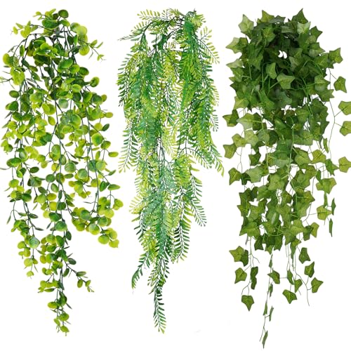 NiHome 8-Pack Artificial Hanging Plants, Fake Plant Hanger Indoor Outdoor Decor with 6 Ivy 1 Eucalyptus 1 Fork Fern Vines, Water-Resistant Faux Hanging Plant for Ceiling Wall Patio Garden Home Decor