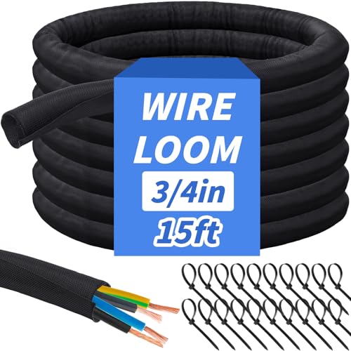 15ft - 3/4in Split Braided Sleeve Cable Management, Self-Wrapping - size: 3/4inx15ft