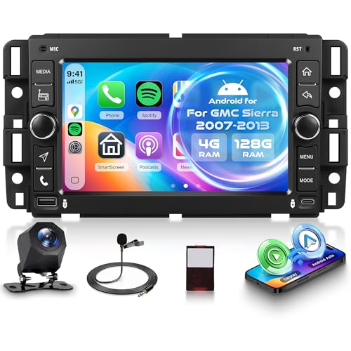 4G+128G Android Car Radio for GMC Sierra 2007-2013 with Wireless CarPlay Android Auto, 7 Inch Touchscreen Car Stereo Mirror Link GPS Navigation WiFi Bluetooth FM RDS EQ SWC Backup Camera