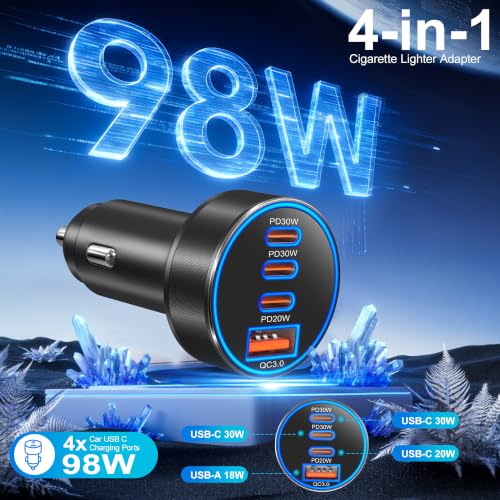 Car Charger USB C,98W 4-Port Super Fast Car Phone Cigarette Lighter Adapter - color: Black