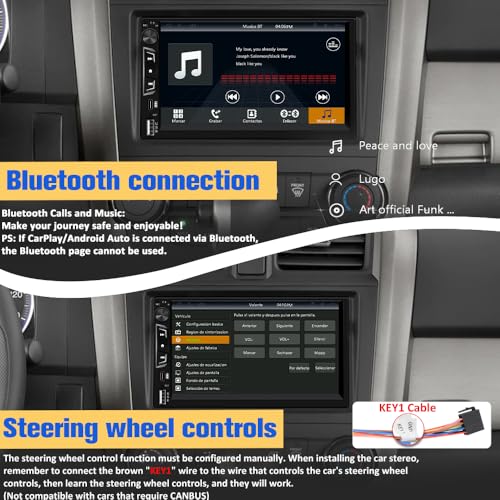 Universal Double Din Car Stereo with Wireless CarPlay & Android Auto, 7" HD Touch Screen Head Unit with Backup Camera/External Microphone, Car Radio Supports Bluetooth/SWC/FM/USB/RGB