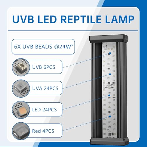 Reptile UVB Light & Heater Lamp, 10in Aluminum UVA UVB LEDfor Rainforest and Desert Reptiles, Geckos, Chameleons and Bearded Dragons, Adjustable 6/10/12H Timer, Dimmable with 3 Lighting Modes - size: 10inch
