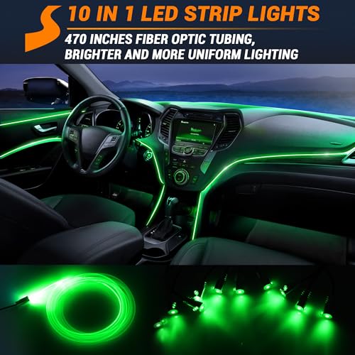 Interior Car LED Strip Lights 470 inches Fiber Optic tubing USB Powered RGB 10 in 1 Car Neon with Wireless APP and Remote Control, Ambient Lighting Kits 16 Million Colors,Sync to Music - size: 10 in 1