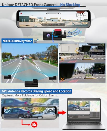 Rear View Mirror Dash Cam 3 Channel: 12" Rearview Dashcam with Detached 360° Front,Infrared Inside,Waterproof Backup Camera - GPS Loop Record Parking Monitoring for Car Truck RV Uber Driver