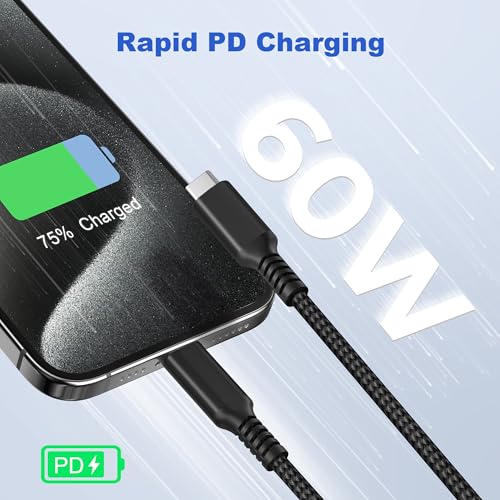 Basesailor USB C to USB C 60W Cable 1.6FT 2Pack Black Braided Fast Charging - color: Black, size: 1.6FT/0.5M