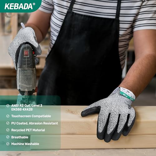 Kebada Cut Resistant Gloves, ANSI A2 Cutting Glove, PU Coated, Touchscreen, Multi-Purpose Model C2, 3 Pairs, X-Large - color: Grey(3 Pairs), size: 10/X-Large