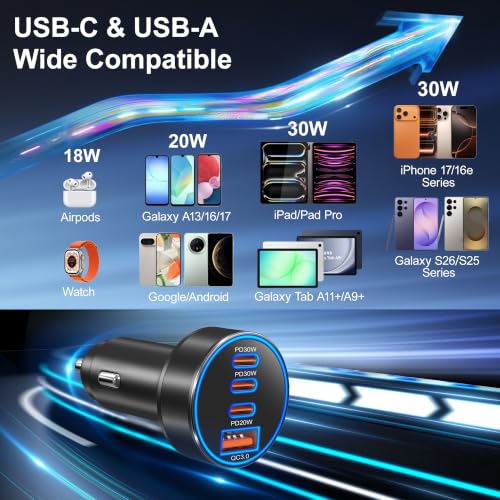 Car Charger USB C,98W 4-Port Super Fast Car Phone Cigarette Lighter Adapter - color: Black