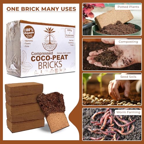 Compressed Coco Coir Bricks – 100% Organic, 650g x 6 Bricks – Expands to 8L Each, Eco-Friendly, Biodegradable, No Chemicals – Ideal for Vegetables, Fruits, Flowers, Seedlings
