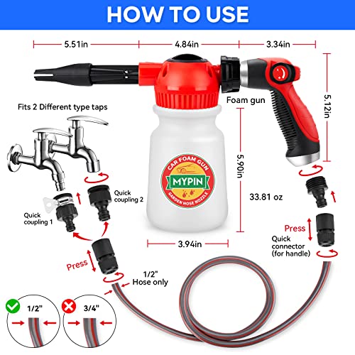MYPIN Car Wash Foam Gun Set, Foam Cannon, Adjustable Hose Wash Sprayer with 2.5 to 6 Bars Foam Blaster, with Nozzles, Wash Mitten, Suitable for Car Cleaning and Garden Use with 1/2” Quick Connector - color: Black