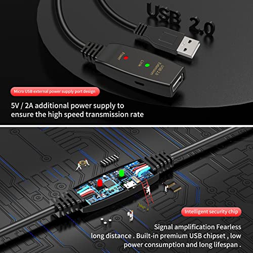 30FT Active USB Extension Cable 2.0 Male to Female with A Extension chipset Signal Booster - Active Extension/Repeate - color: USB 2.0 Extension Cable Black, size: 30FT