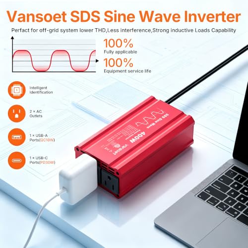 400W Car Power Inverter, DC 12V to AC 110V, PD3.0 QC18W 2 Outlets Dual USB - color: Red-30