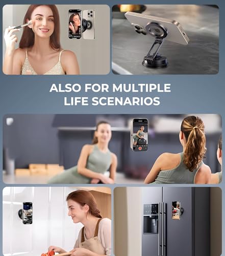 【Vacuum Suction Folding Car Mount】Magnetic Car Phone Holder for magsafe, Aerospace Alloy Arm, Best Dashboard/Windshield/Screen Holder for Your Car/Tesla/Gym/Mirror/Shower/Smooth Surface/iPhone - size: Windshield+Dash+Mag Safe