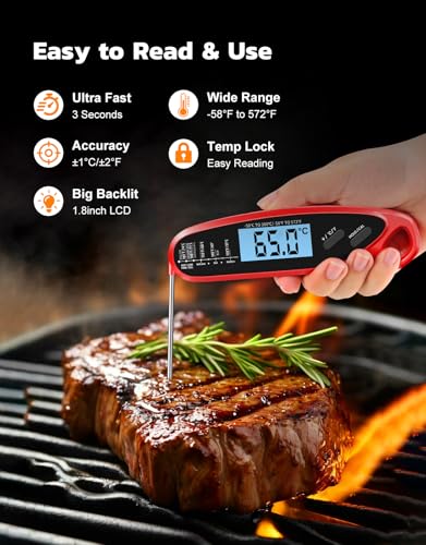 Instant Read Meat Thermometer Digital with Dual Probe, Food Thermometer for Cooking & Grilling, Large Backlit & Calibration, for Kitchen/Oven/Grill/Smoker/BBQ/Candy/Oil Fry, Gifts for Men & Dad - color: Red