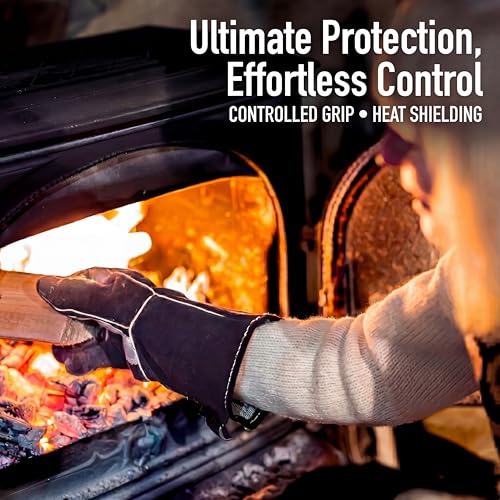 RAPICCA Fireplace Fire Pit Gloves, 662°F Fireproof Leather, 14 in Black | For Wood Stove, Campfire, Charcoal, Cast Iron, BBQ Grill, Oven, Stick & MIG Welding, Forge, Dry Ice - color: Black(length 14in)