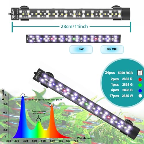SEAOURA Submersible Aquarium Light for 12 to 23 Inch Fish Tank, 24/7 Cycle Fish Tank Light with Timer, Aquarium Plant Light with Full Spectrum+7 Single Colors, Auto On/Off, Adjustable Brightness - size: 11 Inch length