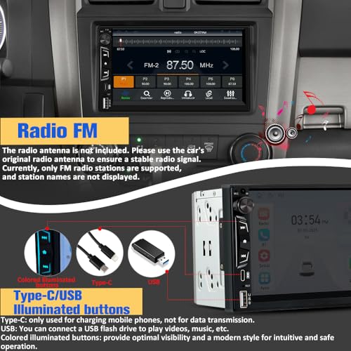 Universal Double Din Car Stereo with Wireless CarPlay & Android Auto, 7" HD Touch Screen Head Unit with Backup Camera/External Microphone, Car Radio Supports Bluetooth/SWC/FM/USB/RGB