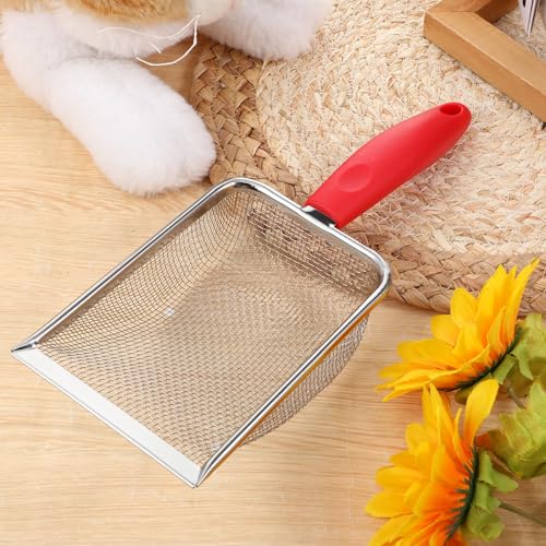 Stainless Steel Mesh Litter Shovel, Fine Mesh Metal Reptile Litter Cleaner Scooper, Black Non-Slip Handle Sifter for Lizard Substrate Reptile Terrarium Sand Waste, Red