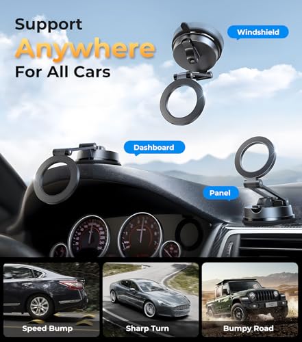 【Vacuum Suction Folding Car Mount】Magnetic Car Phone Holder for magsafe, Aerospace Alloy Arm, Best Dashboard/Windshield/Screen Holder for Your Car/Tesla/Gym/Mirror/Shower/Smooth Surface/iPhone - size: Windshield+Dash+Mag Safe