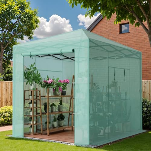 Greesum 8x6 FT Portable Pop-up Greenhouse with Center Lock, PE Cover, Zippered Door and 2 Roll-up Windows, Easy Assemble(Green) - style: 8X6 FT