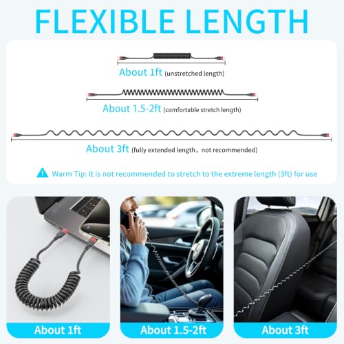 Coiled USB C to USB C Cable, 2 Pack 3FT USBC Car Charger Cord, USBC to USBC Coiled Cable Fast Charging for Carplay, iPhone 17/16/15 Plus/Pro Max, Samsung Galaxy S25 S24 S23, Pixel 10 9 - size: 3FT Coiled C-C