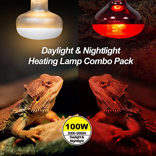 WACOOL 2Pack 100W Reptile Heat Lamp Day & Night Kit, Nature Simulated Basking Daylight & Nightlight Heat Lamp Bulbs for Reptiles & Amphibians, UVA Heat Lamp for Bearded Dragon Gecko Turtle Lizard - style: 100W-2 PACK