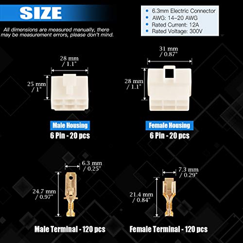 Glarks 280Pcs 6.3mm 6 Pin Way Electrical Automotive Wire Connector Male Female Socket Plug and Terminals Kit for Motorcycle, Bike, Car, Boats (20Set 6.3mm 6P) - size: 20Set 6.3mm 6P