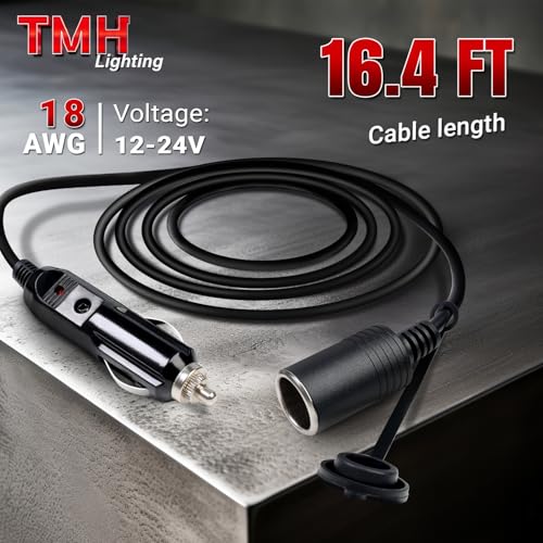 TMH 16.4 FT Cigarette Lighter Extension Cord – 18AWG 12V/24V DC Power Cable, Male to Female Socket Adapter for Car, Truck, RV, Boat Devices - size: 18 AWG - 16.4 FT
