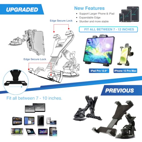 Heavy Duty Tablet Mount Truck, Car Tablet Holder for Dashboard and Windshield, iPad Holder Car Suction Mount up to 12.9",and for iPad, Galaxy Tab