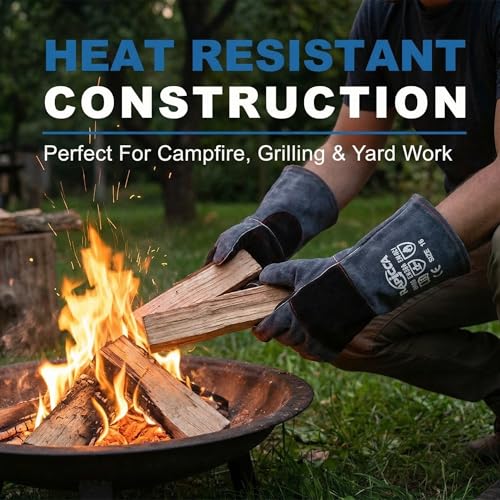RAPICCA Fireplace Fire Pit Gloves, 932°F Fireproof Leather, 16in Dark Grey | For Wood Stove, Campfire, Charcoal, Cast Iron, BBQ Grill, Oven, Stick & MIG Welding, Forge, Dry Ice - color: Dark-grey(length 16in)